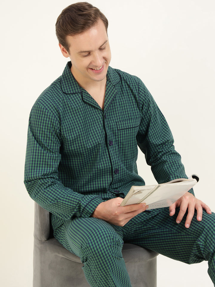 Men Green & Navy Checked Pure Cotton Relaxed Fit Casual Night Suit