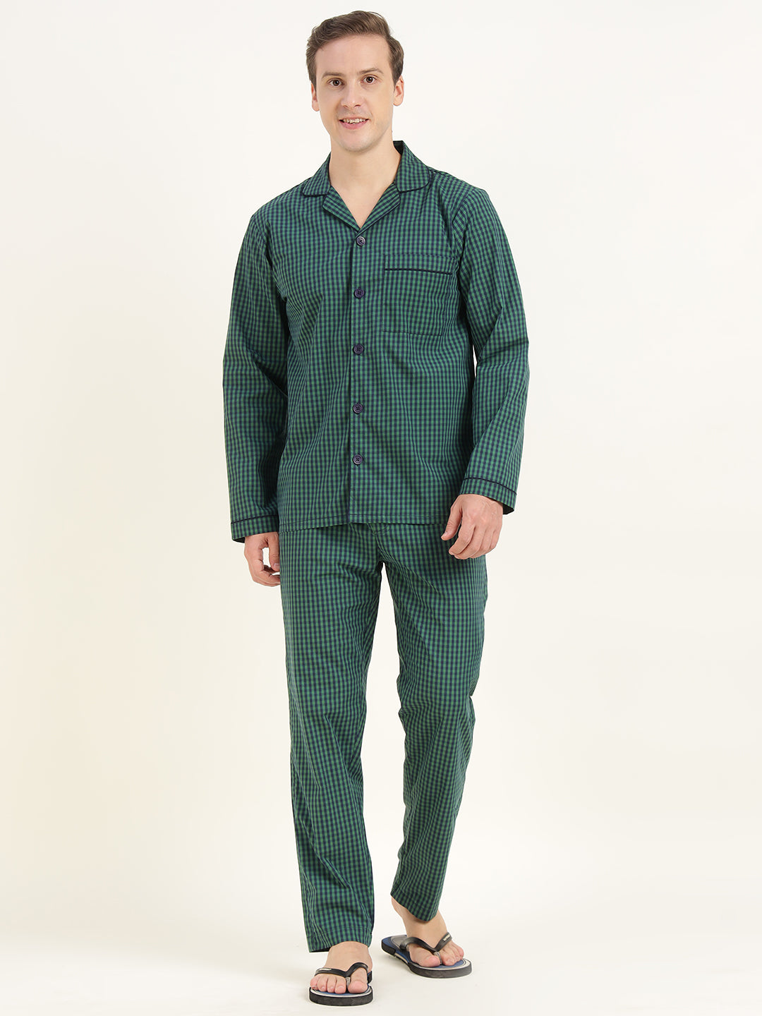 Men Green & Navy Checked Pure Cotton Relaxed Fit Casual Night Suit