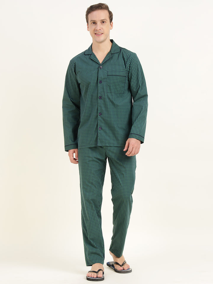 Men Green & Navy Checked Pure Cotton Relaxed Fit Casual Night Suit