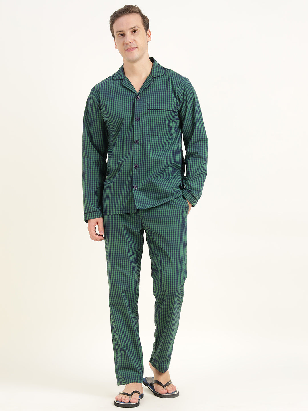 Men Green & Navy Checked Pure Cotton Relaxed Fit Casual Night Suit