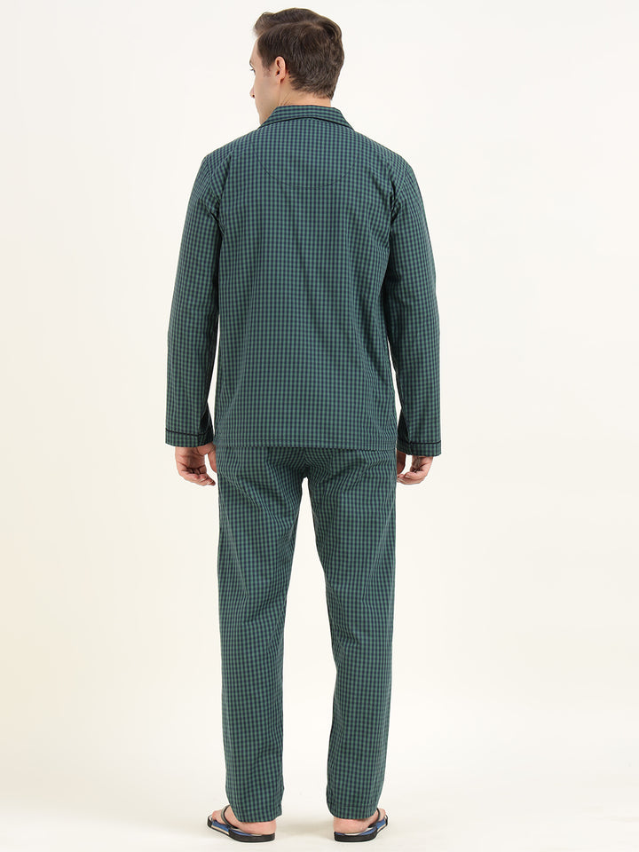 Men Green & Navy Checked Pure Cotton Relaxed Fit Casual Night Suit