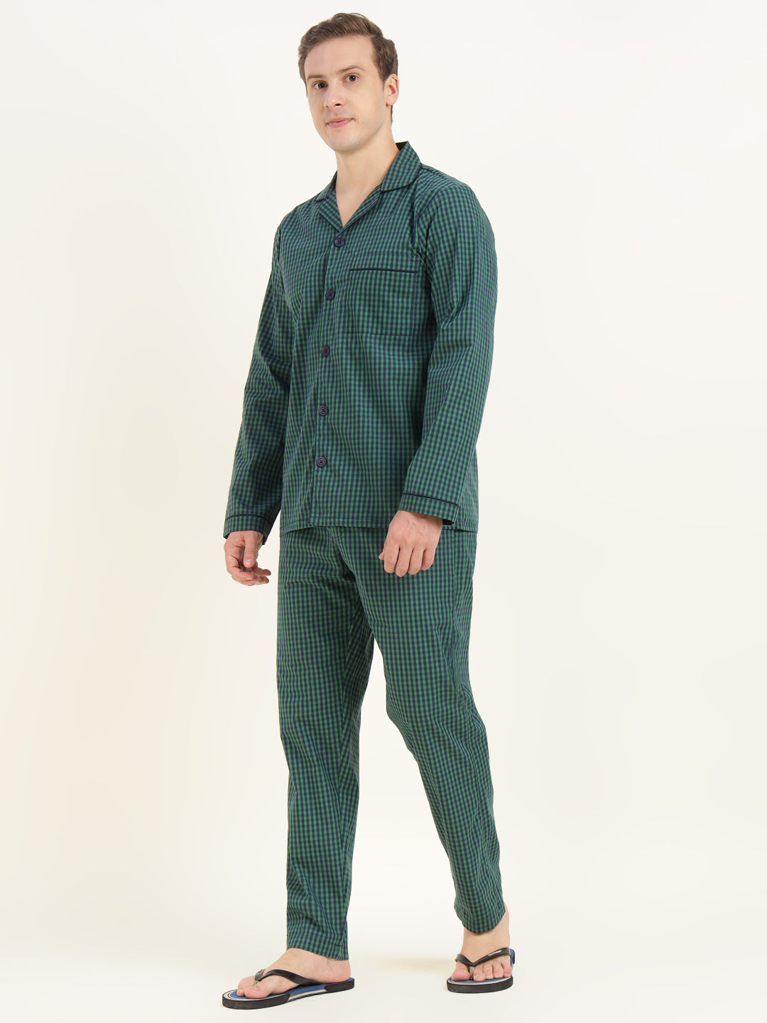 Men Green & Navy Checked Pure Cotton Relaxed Fit Casual Night Suit