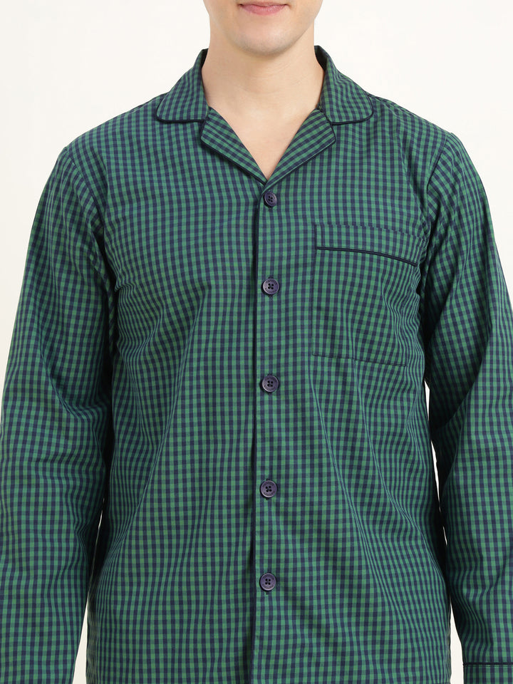 Men Green & Navy Checked Pure Cotton Relaxed Fit Casual Night Suit