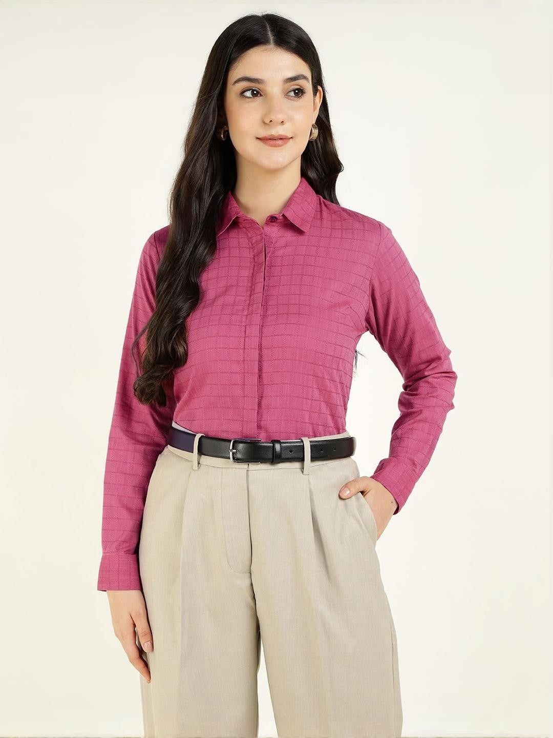 Women Pink Checked Pure Cotton Regular Fit Formal Shirt