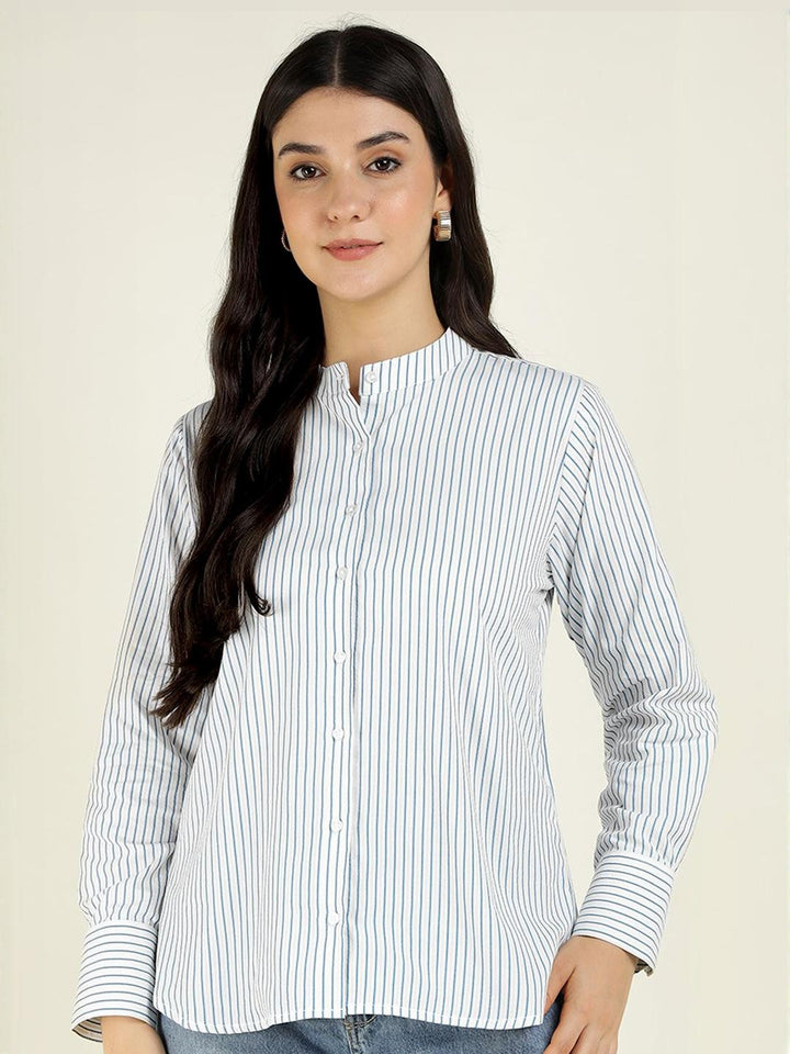 Women White & Blue Striped Pure Cotton Relaxed Fit Formal Shirt