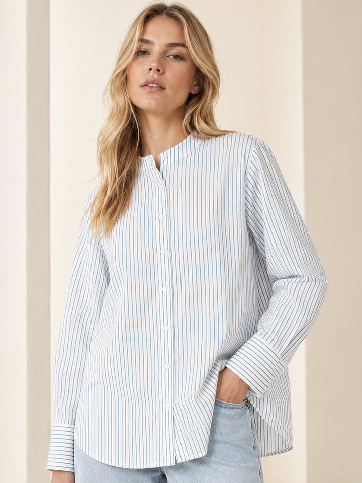 Women White & Blue Striped Pure Cotton Relaxed Fit Formal Shirt
