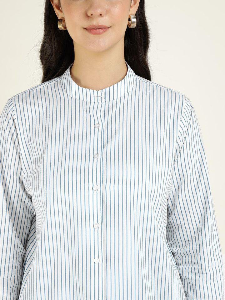 Women White & Blue Striped Pure Cotton Relaxed Fit Formal Shirt