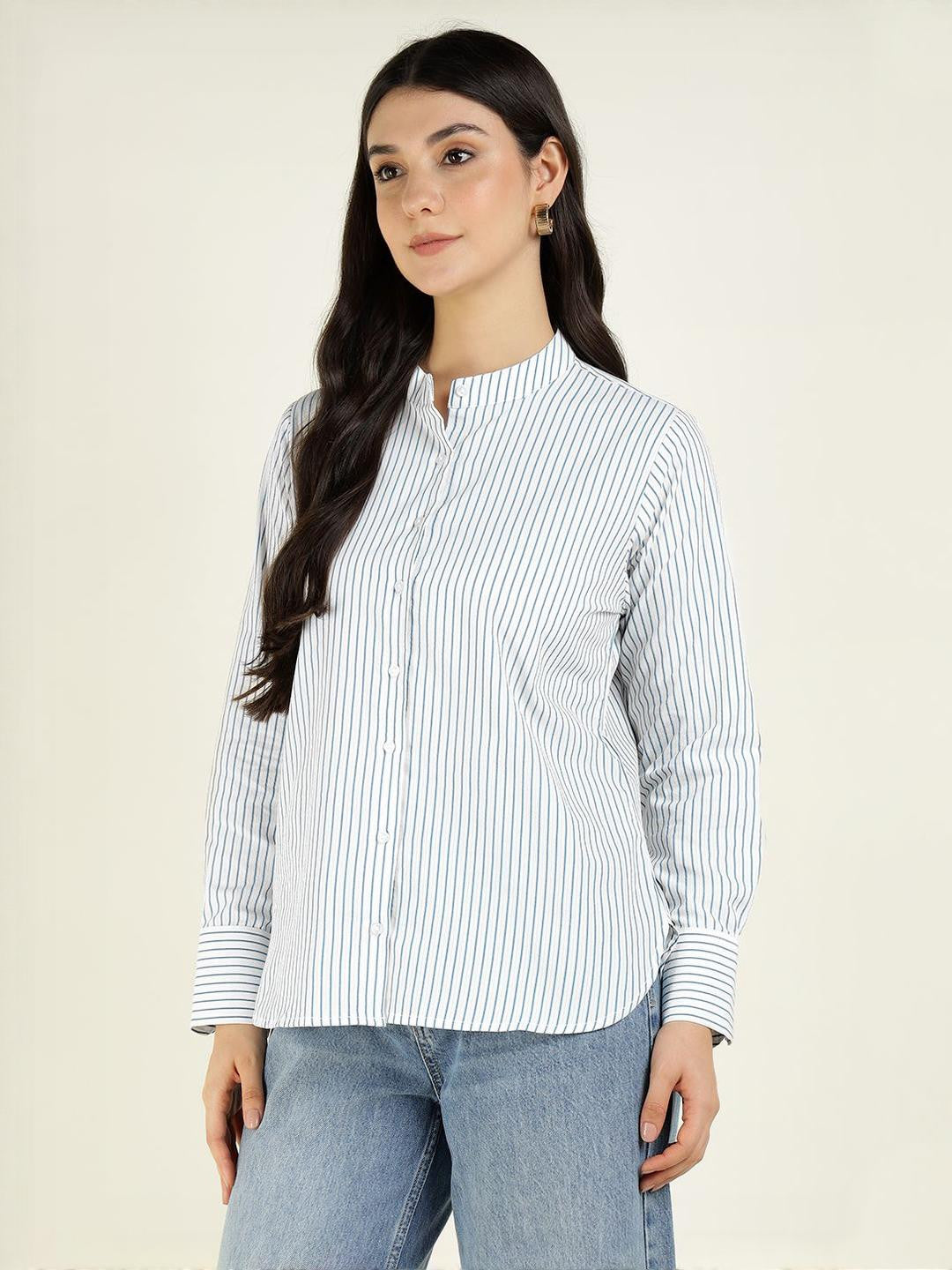 Women White & Blue Striped Pure Cotton Relaxed Fit Formal Shirt
