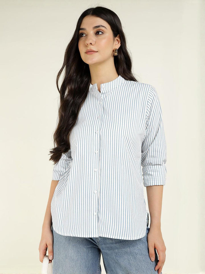 Women White & Blue Striped Pure Cotton Relaxed Fit Formal Shirt