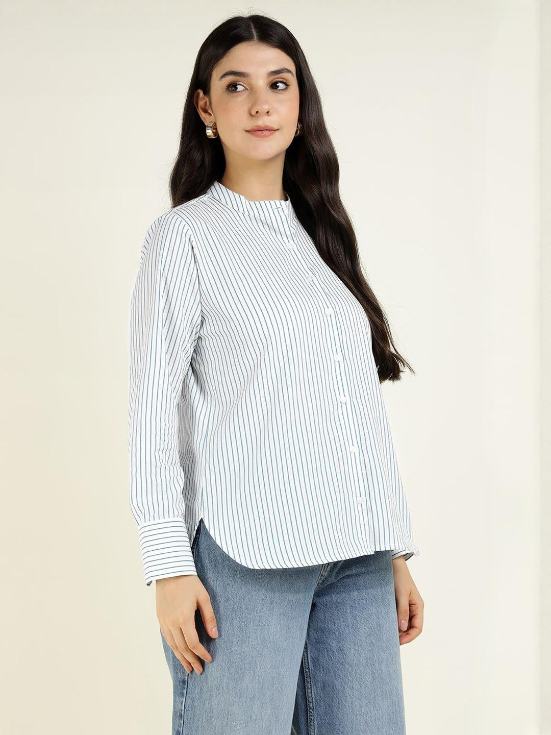 Women White & Blue Striped Pure Cotton Relaxed Fit Formal Shirt