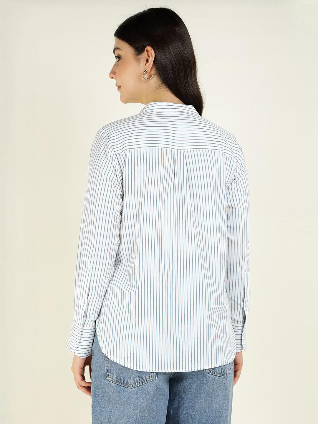 Women White & Blue Striped Pure Cotton Relaxed Fit Formal Shirt