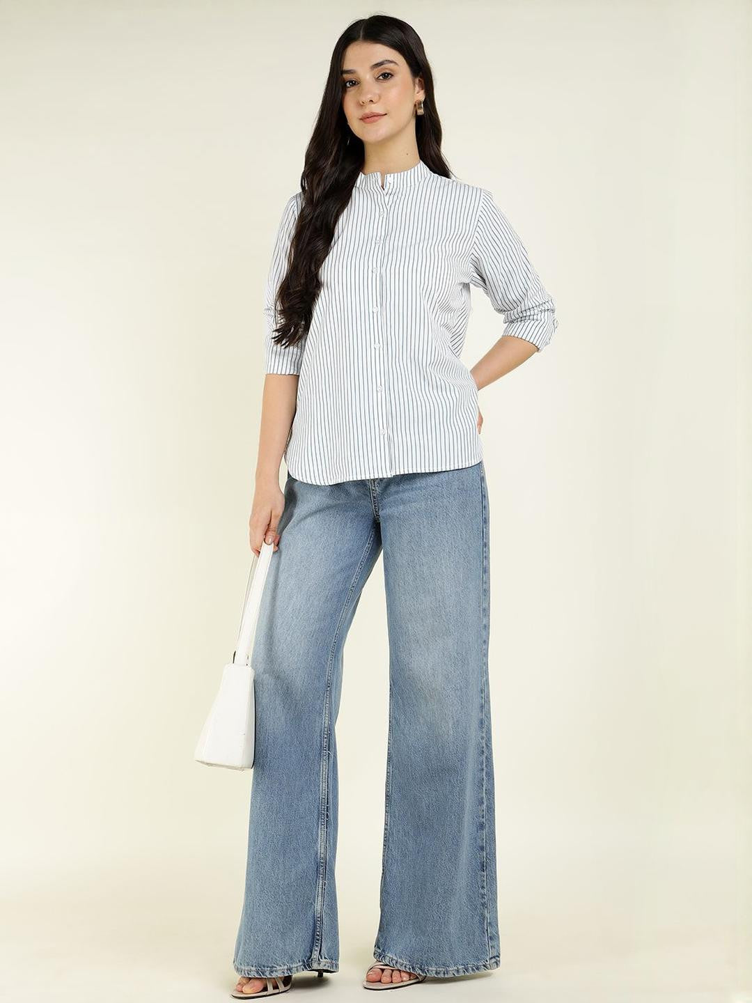 Women White & Blue Striped Pure Cotton Relaxed Fit Formal Shirt