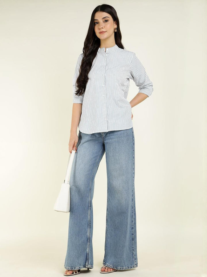 Women White & Blue Striped Pure Cotton Relaxed Fit Formal Shirt