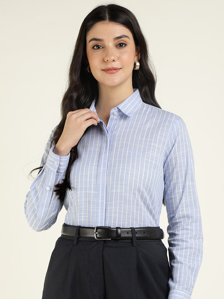 Women Sky Blue Striped Linen Blend Regular Fit Formal Shirt