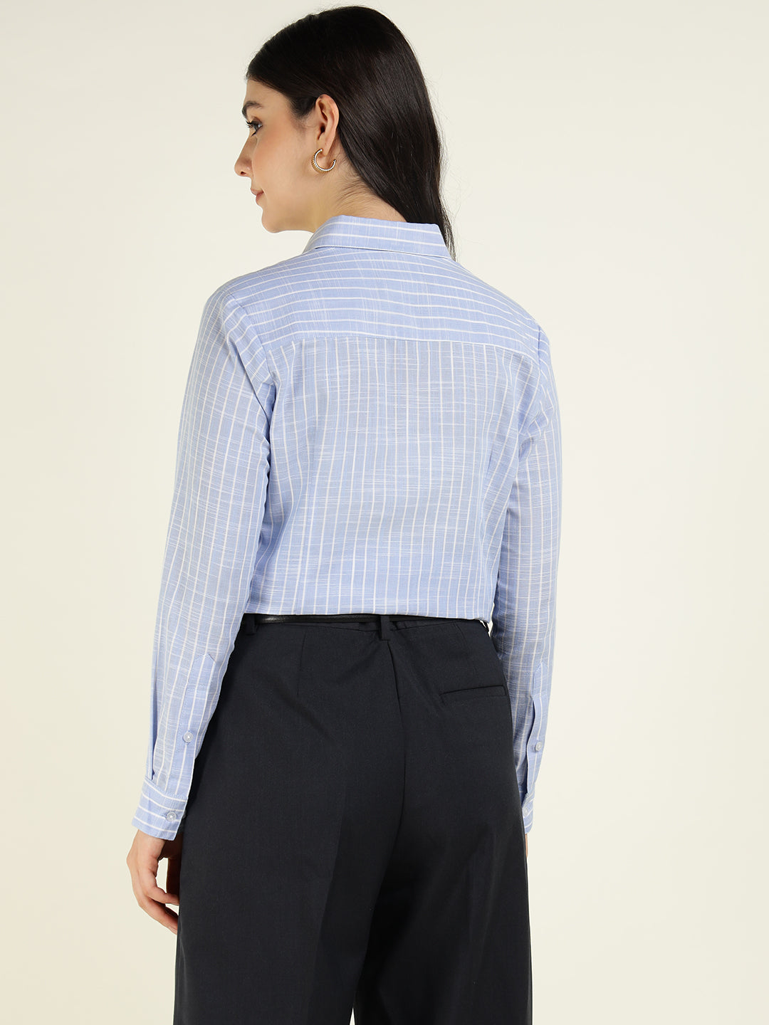 Women Sky Blue Striped Linen Blend Regular Fit Formal Shirt