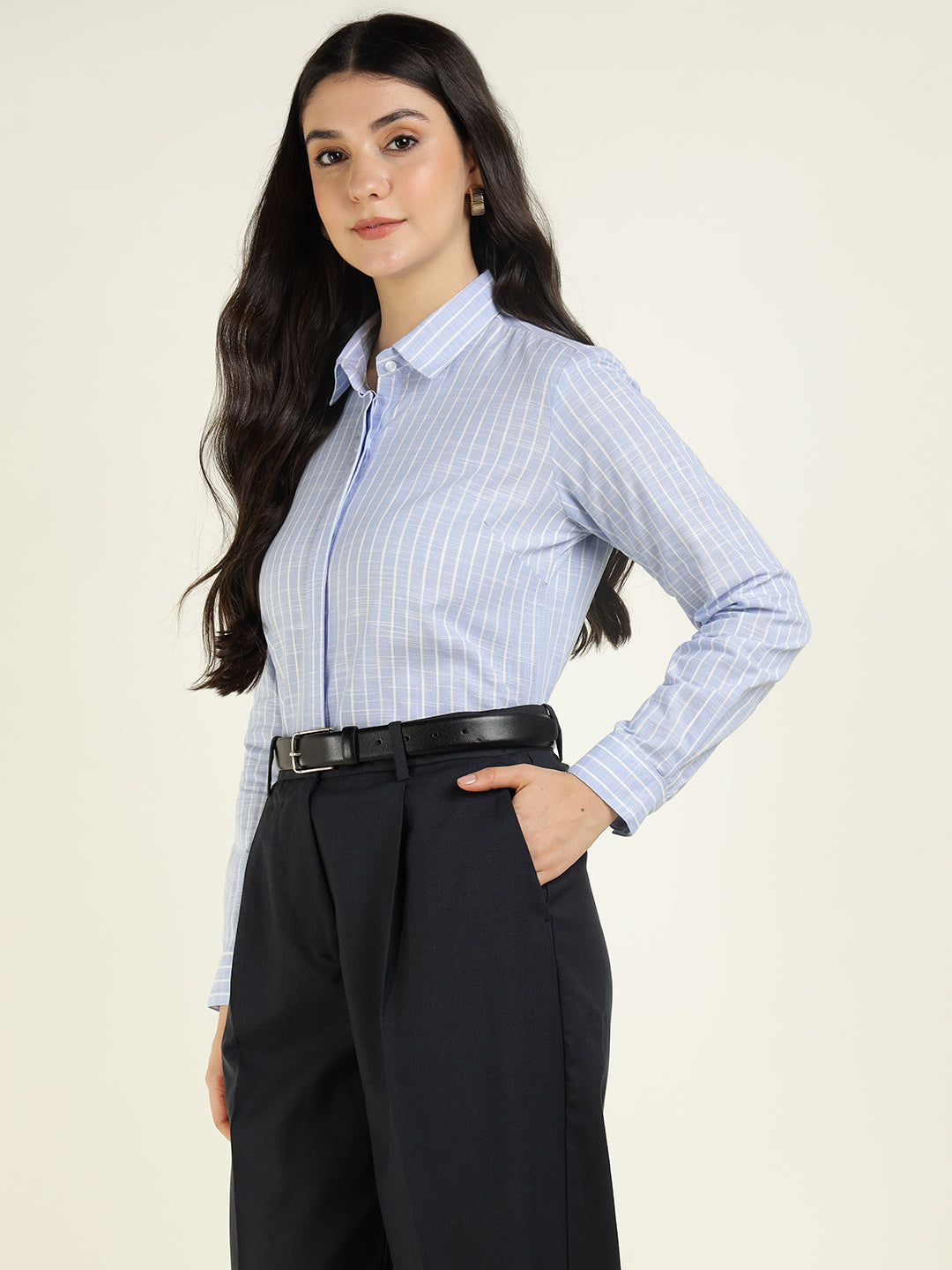 Women Sky Blue Striped Linen Blend Regular Fit Formal Shirt