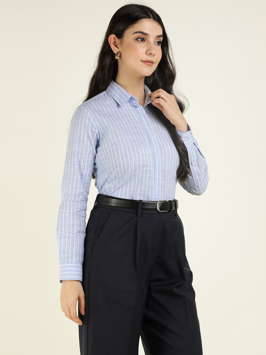Women Sky Blue Striped Linen Blend Regular Fit Formal Shirt