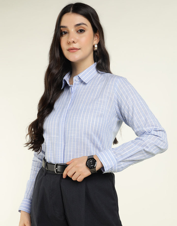 Women Sky Blue Striped Linen Blend Regular Fit Formal Shirt