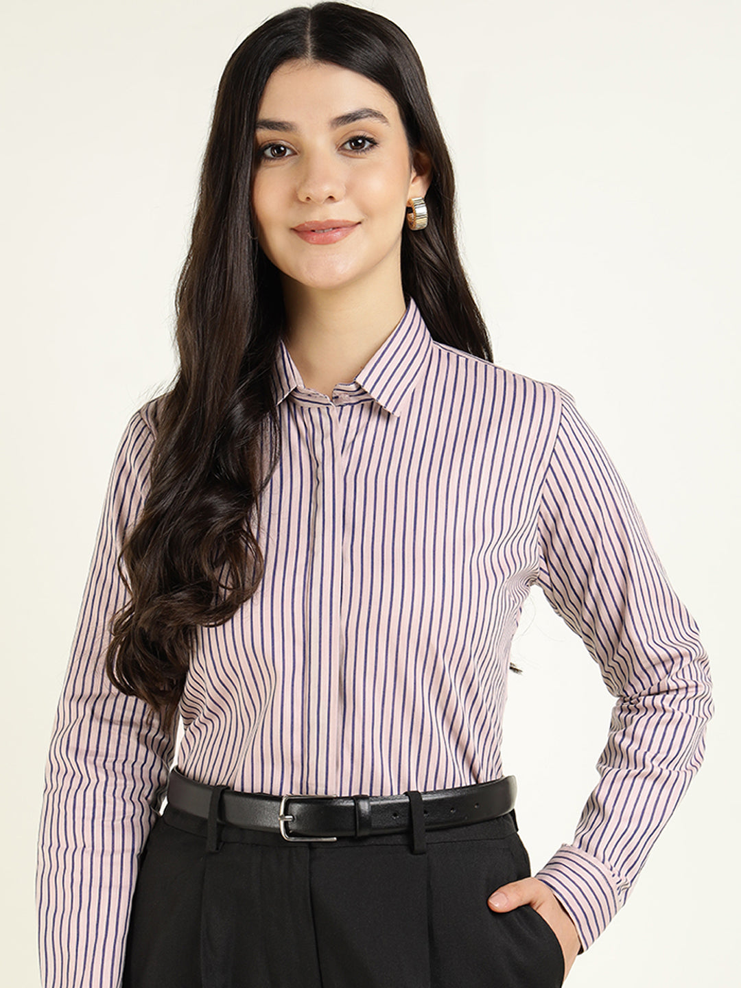 Women Peach & Purple Striped Pure Cotton Regular Fit Formal Shirt