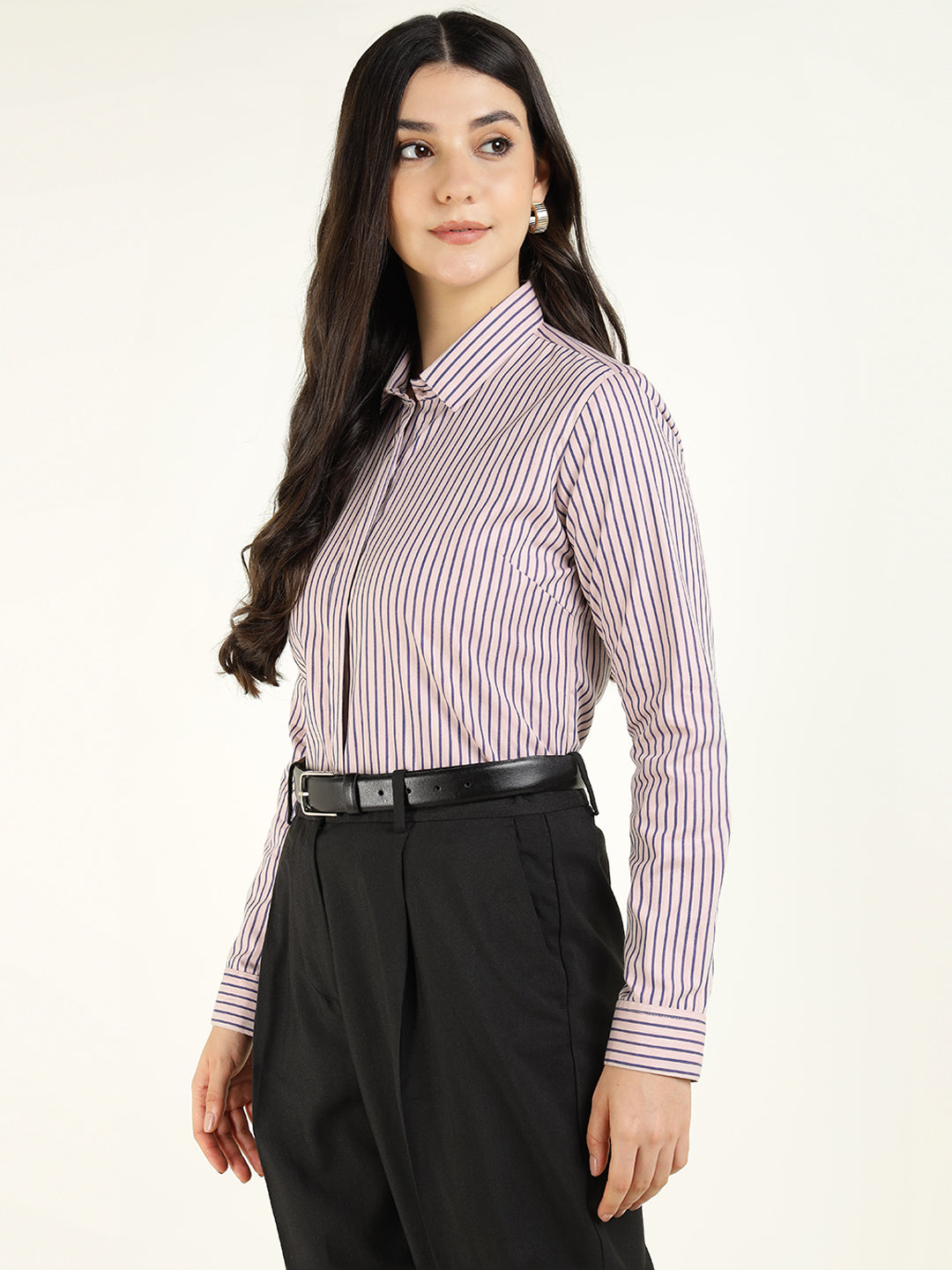 Women Peach & Purple Striped Pure Cotton Regular Fit Formal Shirt
