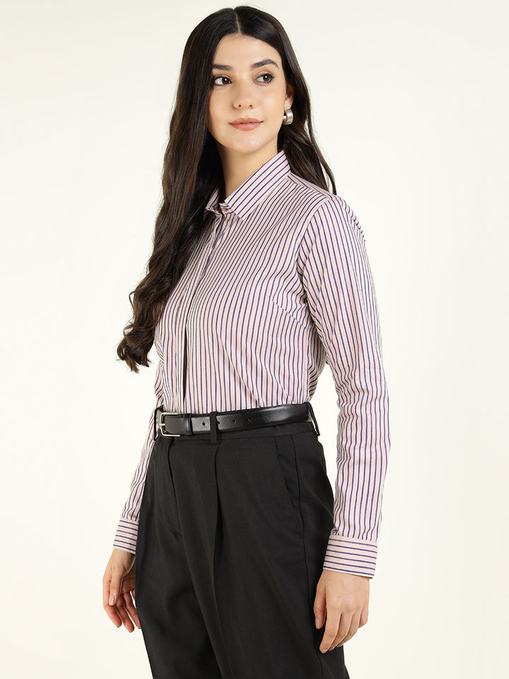 Women Peach & Purple Striped Pure Cotton Regular Fit Formal Shirt
