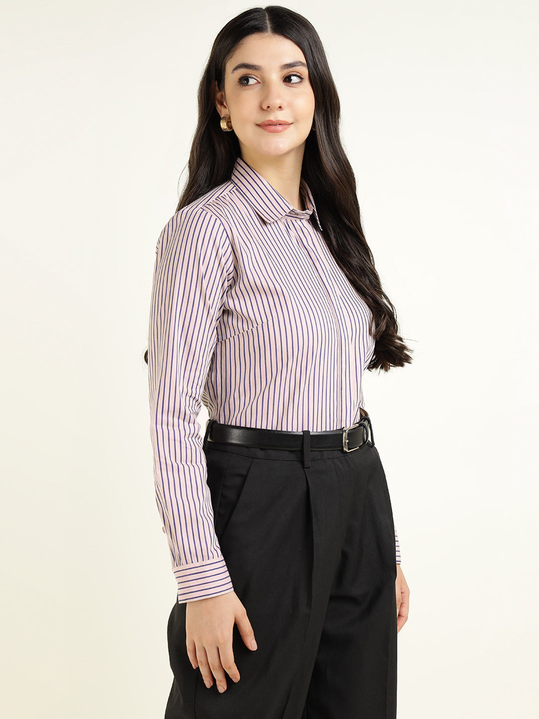 Women Peach & Purple Striped Pure Cotton Regular Fit Formal Shirt