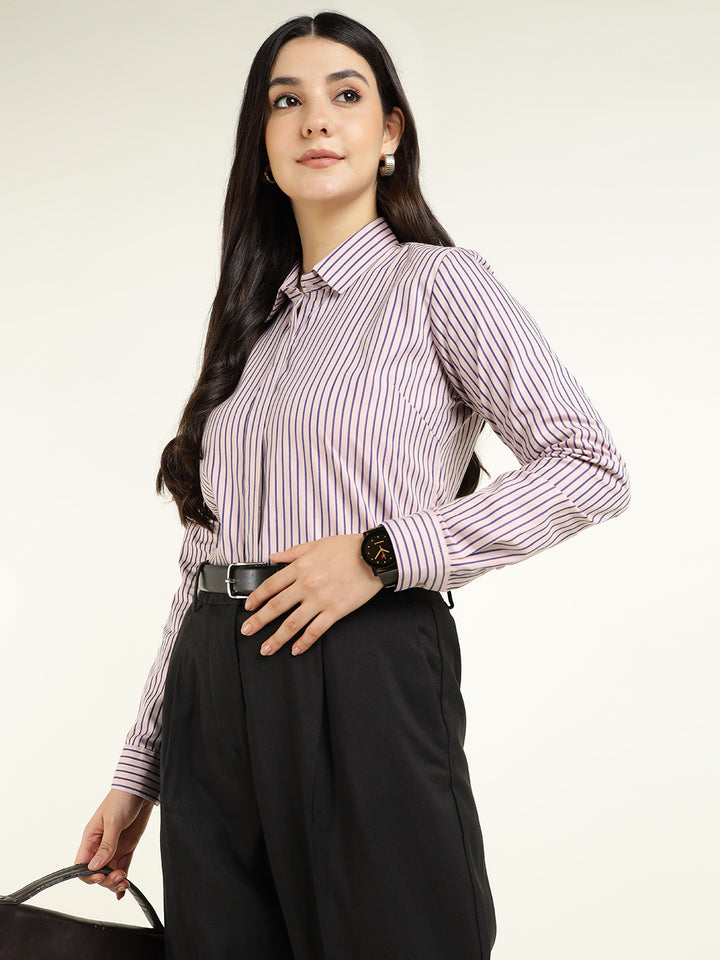 Women Peach & Purple Striped Pure Cotton Regular Fit Formal Shirt