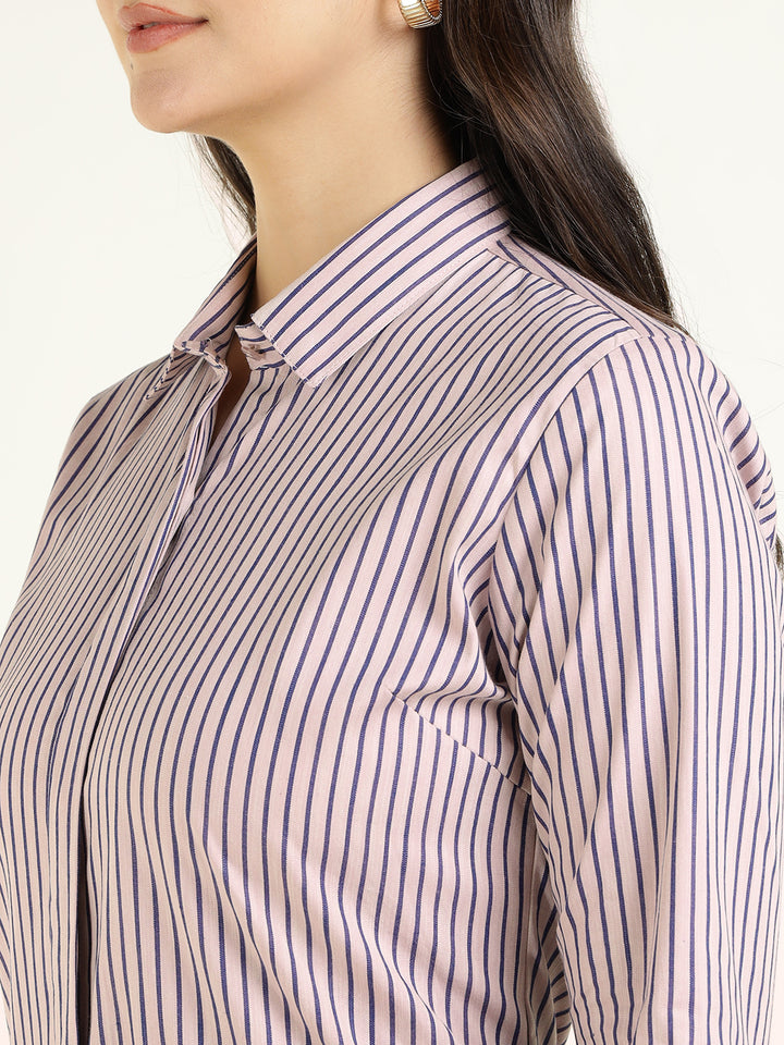 Women Peach & Purple Striped Pure Cotton Regular Fit Formal Shirt
