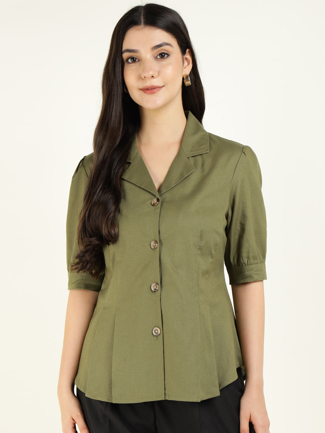 Women Olive Solid Pure Cotton Regular Fit Formal Shirt