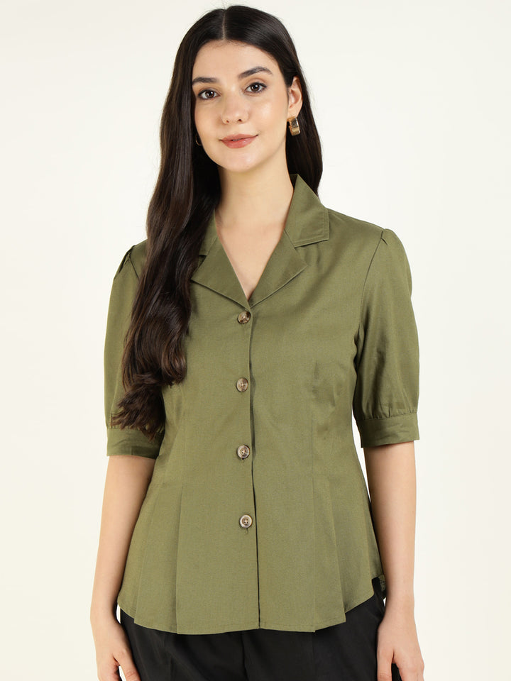 Women Olive Solid Pure Cotton Regular Fit Formal Shirt