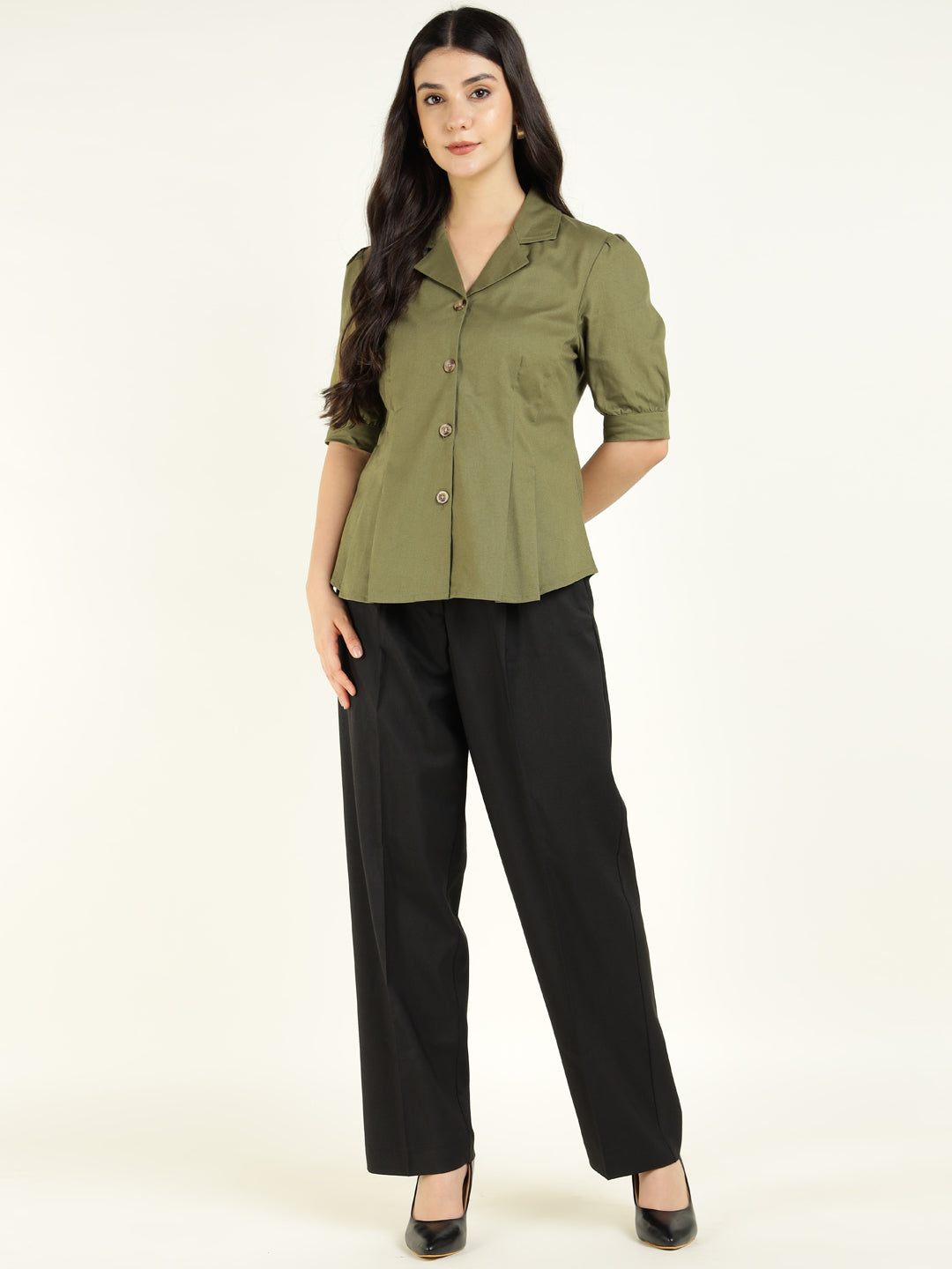 Women Olive Solid Pure Cotton Regular Fit Formal Shirt