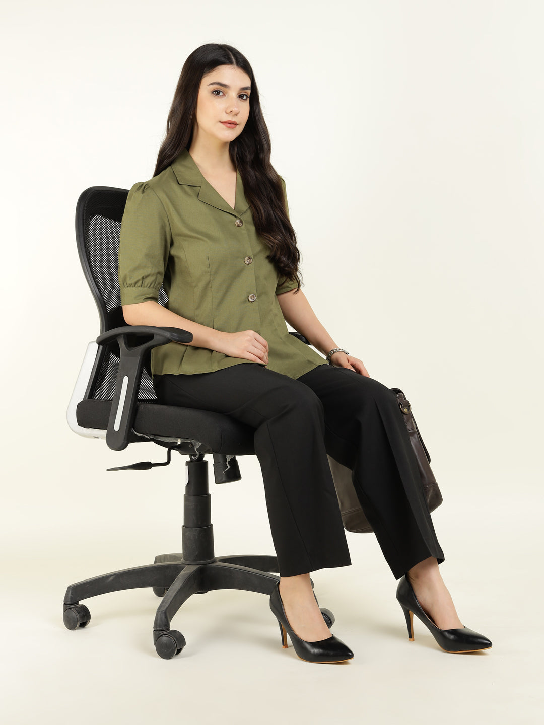 Women Olive Solid Pure Cotton Regular Fit Formal Shirt