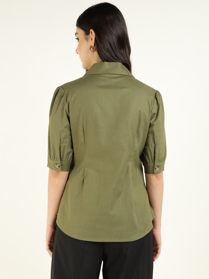 Women Olive Solid Pure Cotton Regular Fit Formal Shirt