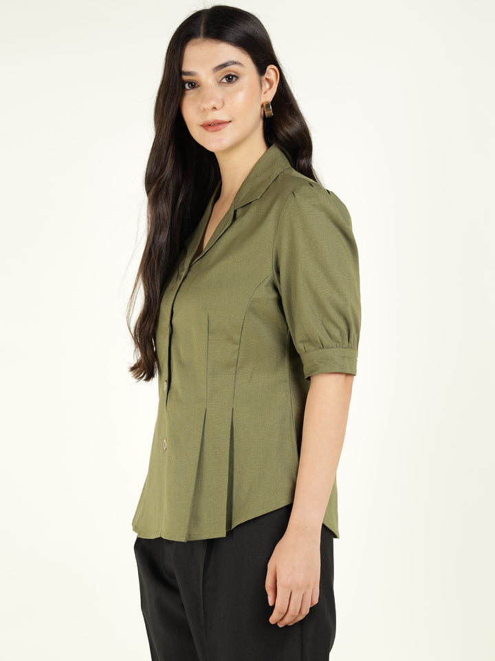 Women Olive Solid Pure Cotton Regular Fit Formal Shirt