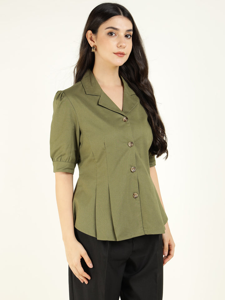 Women Olive Solid Pure Cotton Regular Fit Formal Shirt