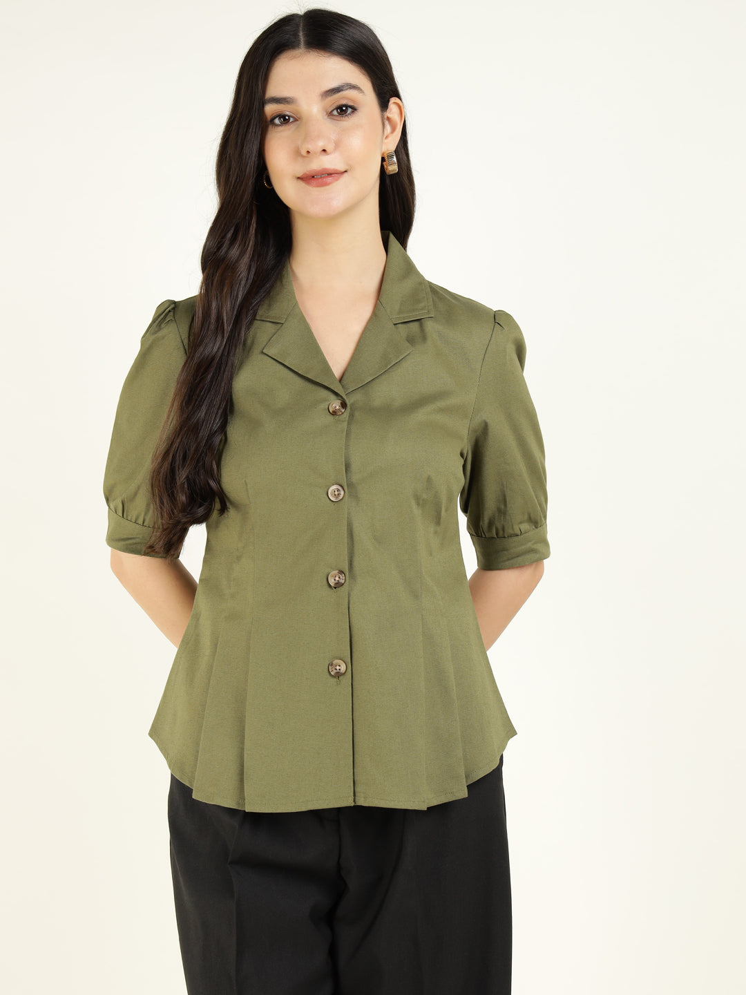 Women Olive Solid Pure Cotton Regular Fit Formal Shirt