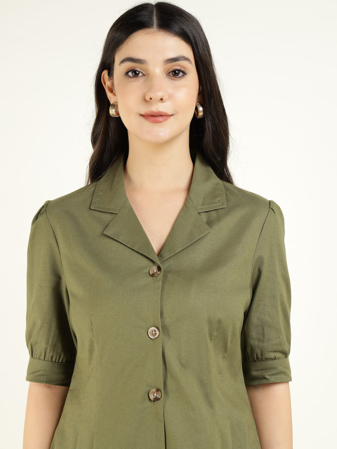 Women Olive Solid Pure Cotton Regular Fit Formal Shirt