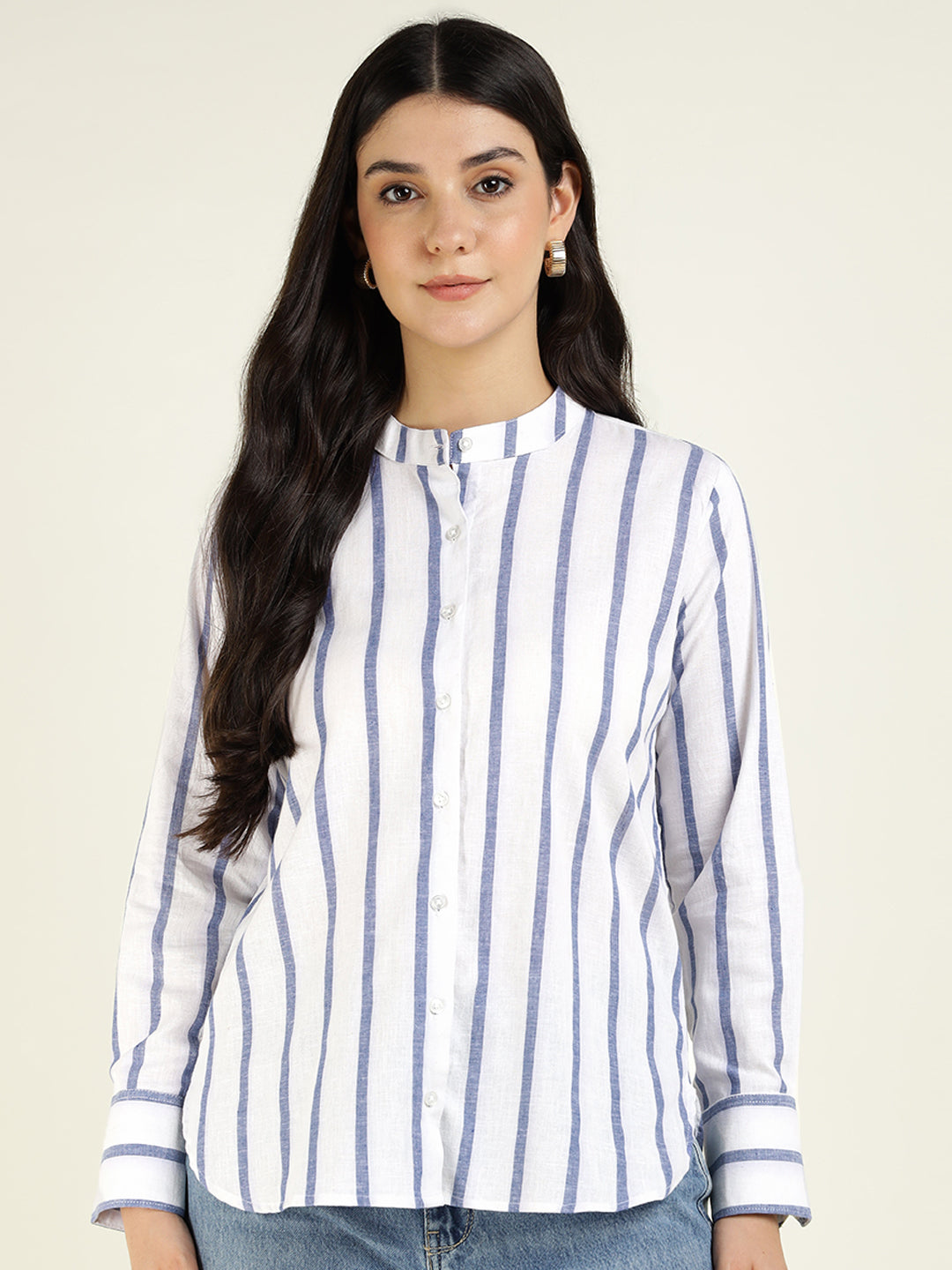 Women White & Blue Striped Pure Cotton Relaxed Fit Casual Shirt