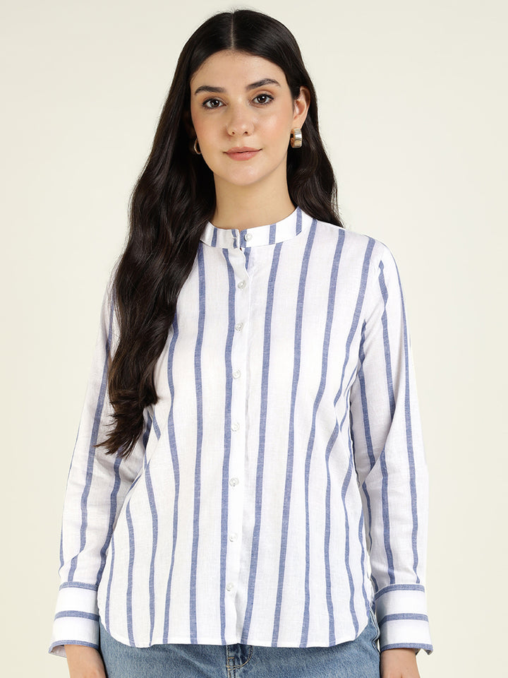 Women White & Blue Striped Pure Cotton Relaxed Fit Casual Shirt