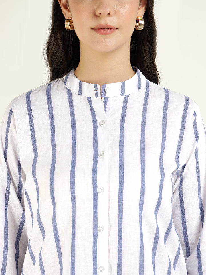 Women White & Blue Striped Pure Cotton Relaxed Fit Casual Shirt