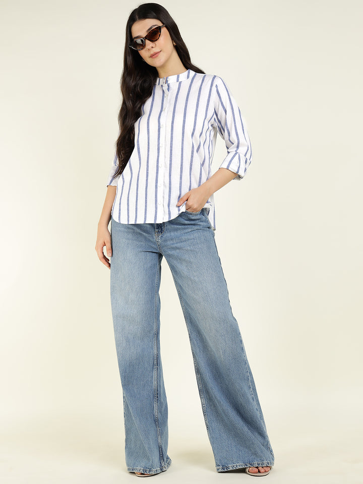 Women White & Blue Striped Pure Cotton Relaxed Fit Casual Shirt