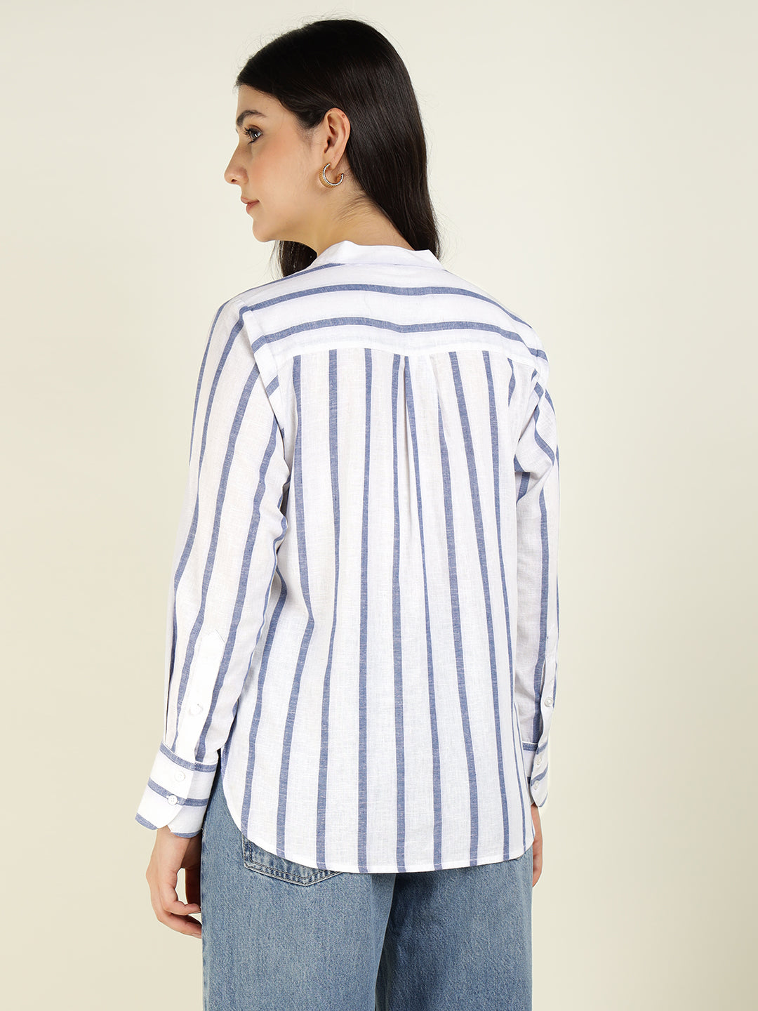Women White & Blue Striped Pure Cotton Relaxed Fit Casual Shirt