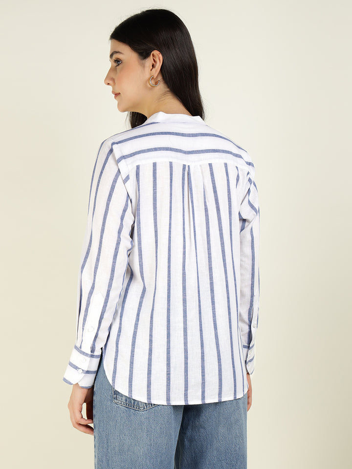 Women White & Blue Striped Pure Cotton Relaxed Fit Casual Shirt