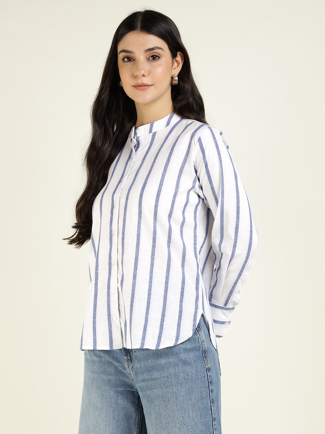 Women White & Blue Striped Pure Cotton Relaxed Fit Casual Shirt