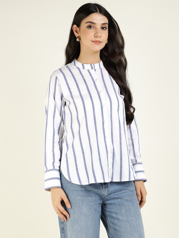 Women White & Blue Striped Pure Cotton Relaxed Fit Casual Shirt