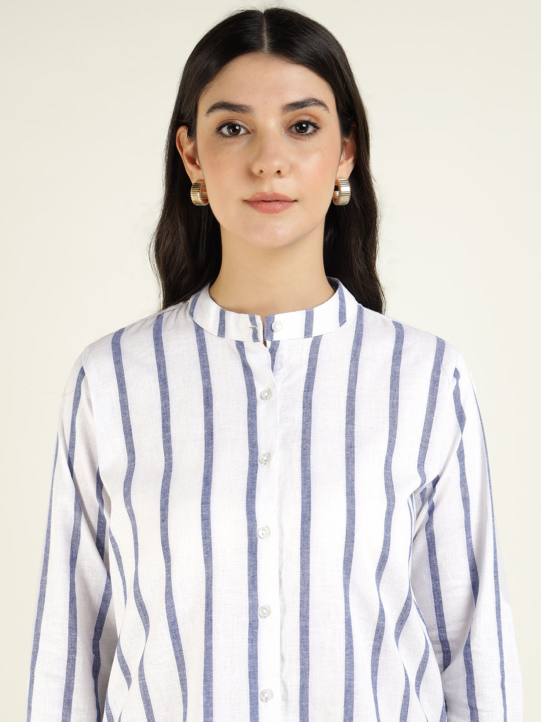 Women White & Blue Striped Pure Cotton Relaxed Fit Casual Shirt