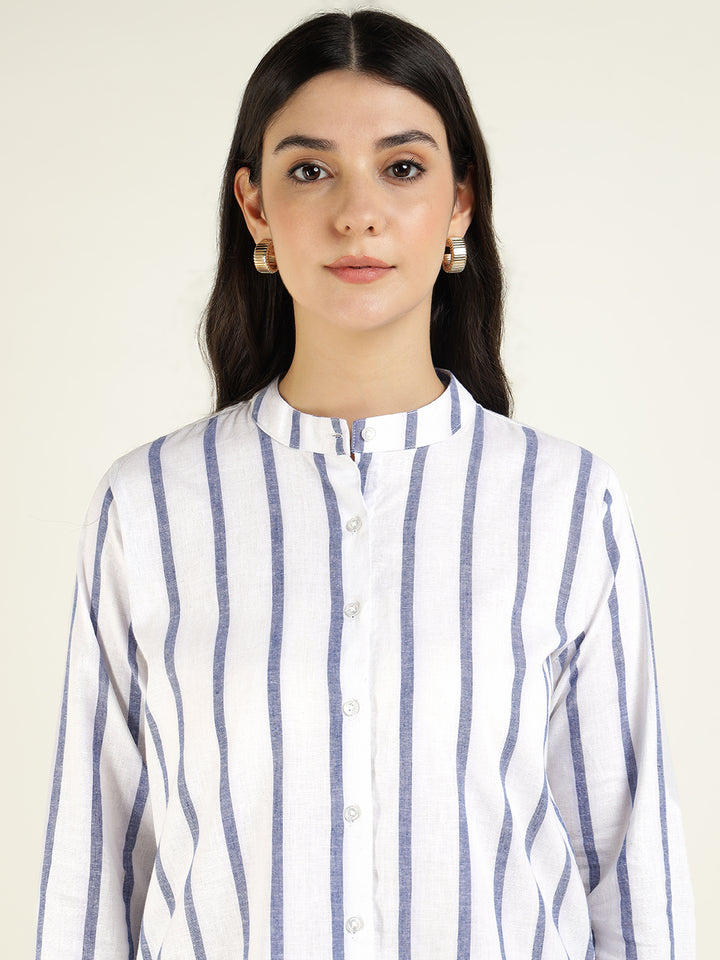 Women White & Blue Striped Pure Cotton Relaxed Fit Casual Shirt