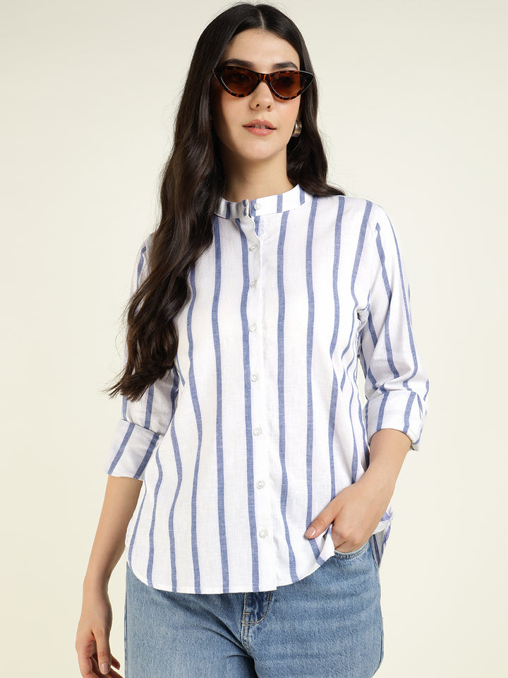 Women White & Blue Striped Pure Cotton Relaxed Fit Casual Shirt