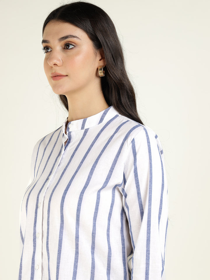 Women White & Blue Striped Pure Cotton Relaxed Fit Casual Shirt