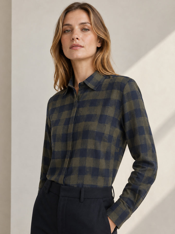 Women Olive & Navy Checked Pure Cotton Regular Fit Formal Shirt